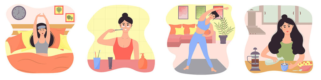 若い女性の朝のルーチン